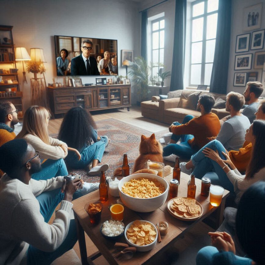 Un monton de personas sentadas en un comedor viendo un documental locutado por Susana Garcia
