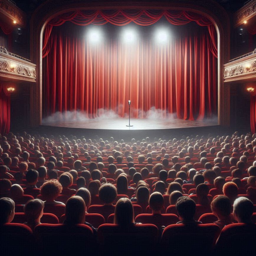 A punto de escuchar la locucion de Susana Garcia en un evento en el escenario con cortinas rojas de un teatro con el publico sentado esperando.